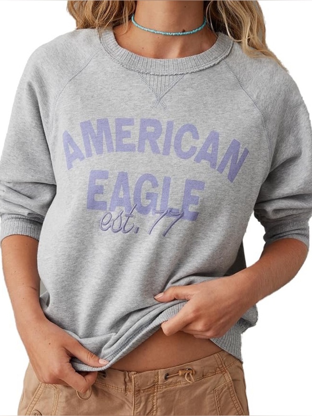 AMERICAN EAGLE Graphic Boxy Fit Sweatshirt Gray Lavendar Cotton Lounge Lived In